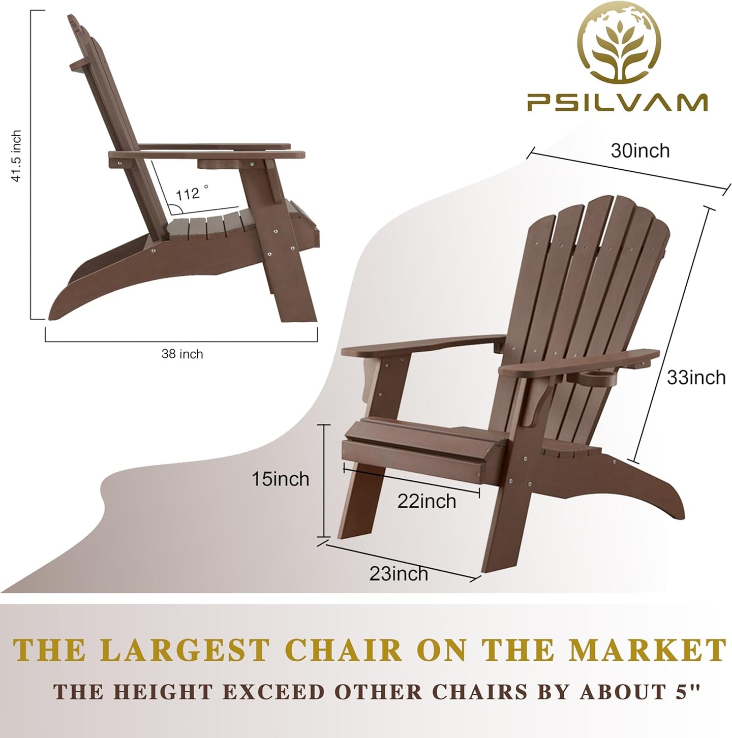 Psilvam Adirondack Chair, Oversized Poly Lumber Fire Pit Chair with Cup Holder, 350Lbs Support Patio Chairs for Garden, Weather Resistant Outdoors Seating, Relaxing Gift for Father & Mother